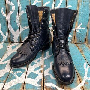 VTG Justin Boots Lac-R Blue Leather Kiltie Western Boots Womens 4.5B USA